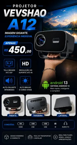 Projetor Projetor Vevshao A12 - Android 13 Wifi 6 Suporte 4k 350 Ansi! NOVO!
