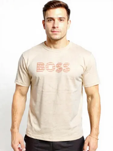 Camiseta Masculina Boss Bege - Edição Logo Outline | Algodão Soft Touch e Estilo Casual Pr