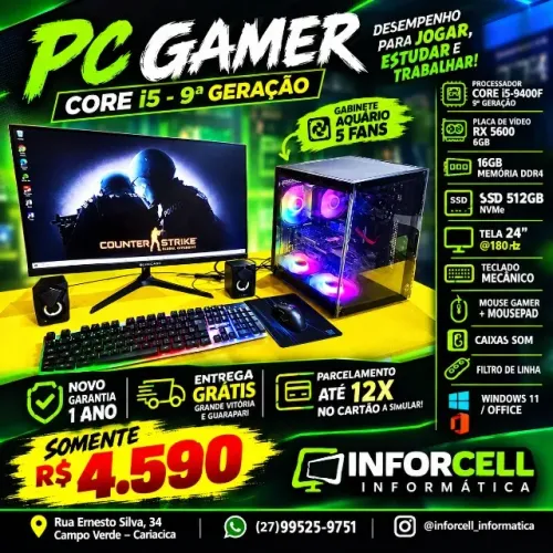 Pc Gamer Core i5-9400F RX 5600 16gb Ram Ssd 512gb Tela 24 180Hz