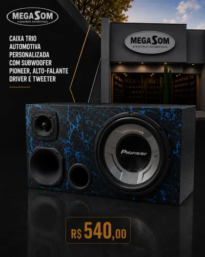 Caixa Trio Automotiva Personalizada com Subwoofer Pioneer, Driver e Tweeter