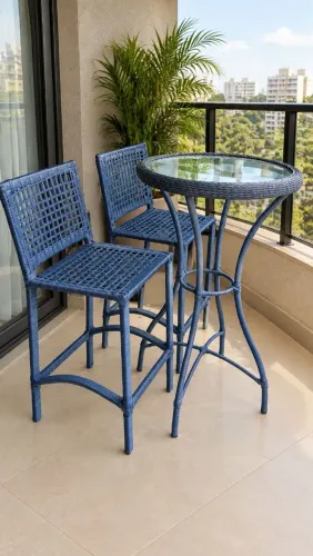 Conjunto bistro Azul - Mesa alta com tampa de vidro e 2 banquetas 