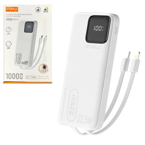 Carregador Portátil Power Bank 10.000mAh com Cabos Embutidos Turbo 22.5W PD, Branco