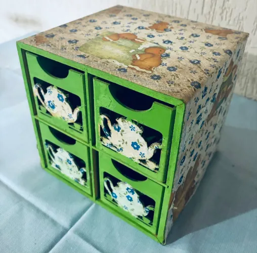 Caixa Organizadora De Chá Em MDF Decorada 4 Gavetas
