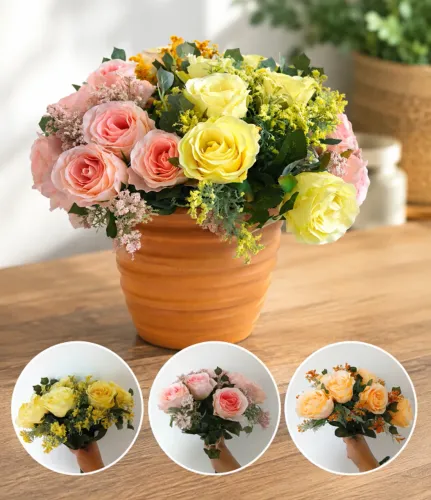 Arranjo 3 Buquês De Rosas Artificiais Decorativo com Vaso