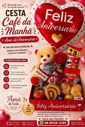 Cesta Café da Manhã Romântica Com Urso de Pelúcia e Mensagem Romântica.