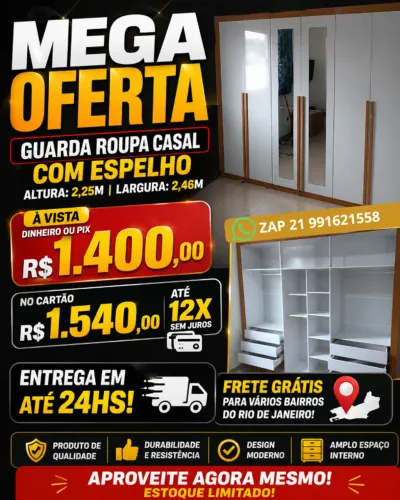 GUARDA ROUPA CASAL CHICAGO COM ESPELHO EM PROMO DO MÊS
