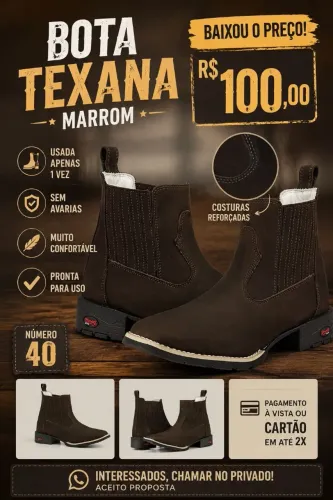 Bota texana na cor marrom, número 40
