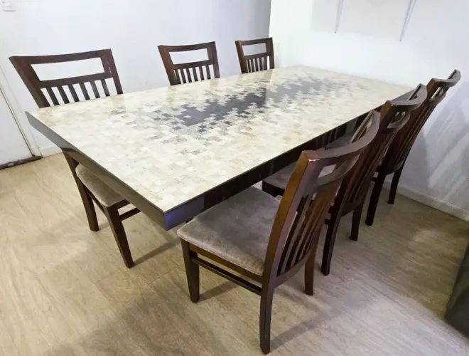 Mesa de jantar 8 lugares em travertino + 6 cadeiras