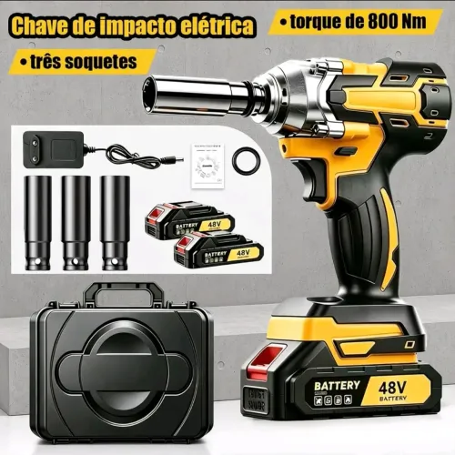 Chave de impacto de 48 volts e 800 Nm - 3 em 1 com 2 baterias, alto torque.