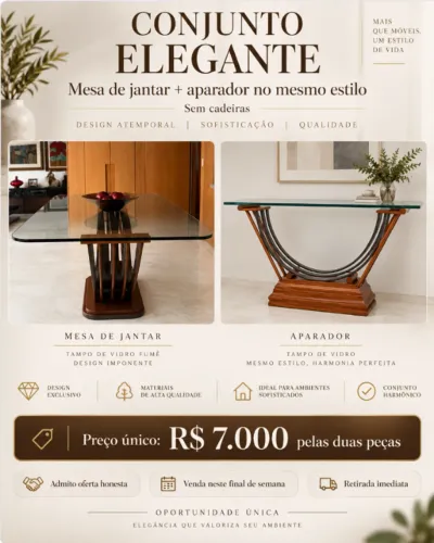 Conjunto espetacular de mesa de jantar, sem cadeiras, com aparador no mesmo estilo