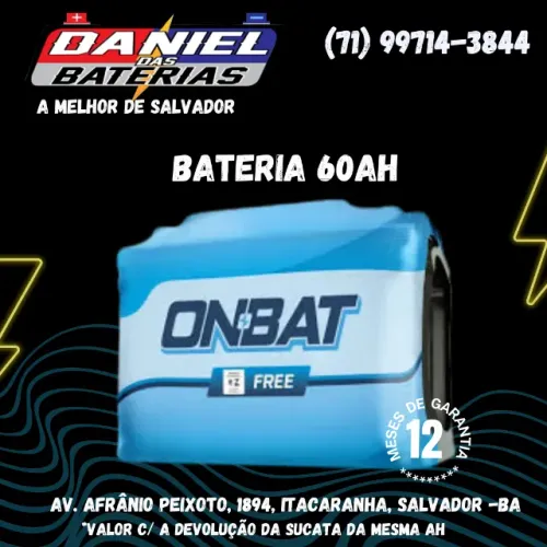 Bateria Onbat 60 amperes (2° linha da Pioneiro). Em Salvador, BA.
