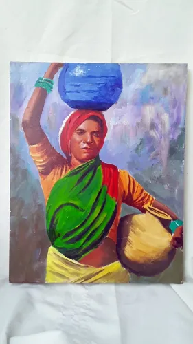 Quadro Tela Pintura Painel acrílica moça carregando pote 40x50cm