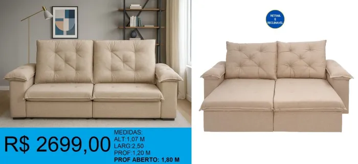Sofá Retrátil e Reclinável 2,50m