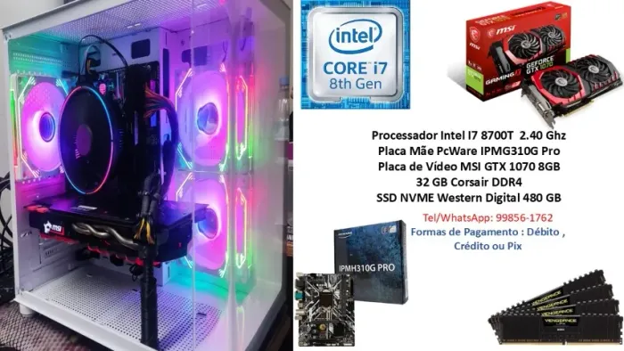 PC Gamer Core I7 8700T GTX 1070 8GB - Completo - Até 12 X 326,00 Sem Juros !!!
