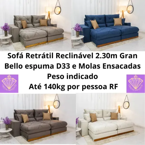 Sofá Retrátil Reclinável 2.30m Gran Bello D33 e Molas Ensacadas