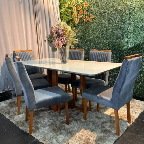 Mesa de Jantar com 6 Cadeiras em Veludo