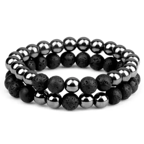 Kit 2 Pulseiras Pedra Natural Hematita e Vulcânica