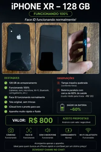 iPhone XR 128GB Preto - Face ID OK - Funcionando 100%