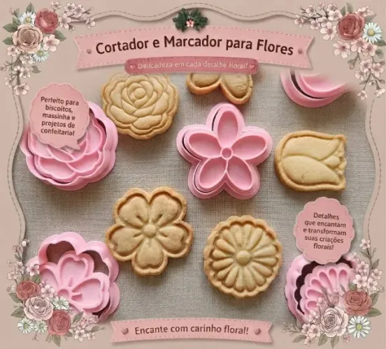 KIT CORTADORES E MARCADORES DE FLORES PARA BISCOITOS - 5 PEÇAS