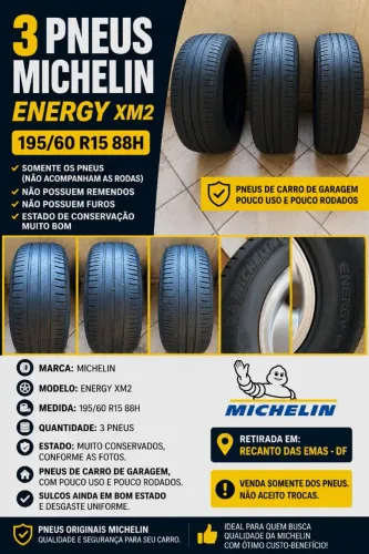 3 Pneus Michelin Energy XM2 195/60 R15 88H - Ótimo Estado