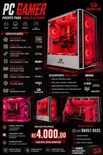 "PC Gamer Ryzen 5 5500, GTX 1050 Ti, 16GB, SSD 512GB, Wi-Fi."