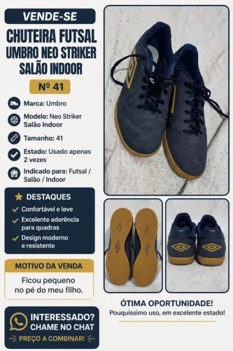 VENDO CHUTEIRA FUTSAL UMBRO NEO STRIKER SALÃO INDOOR - Nº 41