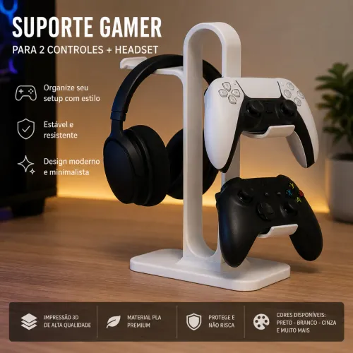 Suporte Premium para 2 Controles + Headset | Impressão 3D de Alta Qualidade