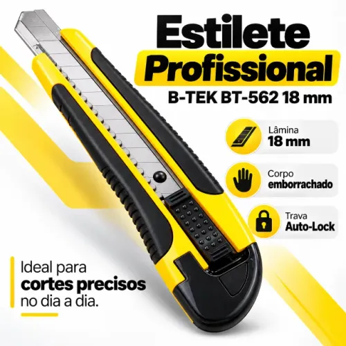 Estilete Largo B-TEK BT-562 18mm Profissional Emborrachado com Trava Auto-Lock