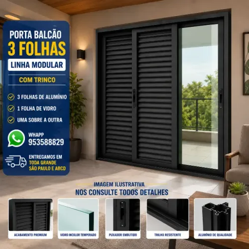 Porta Balcão 3 Folhas 210x120 Linha Modular Preta com Trinco | Alumínio e Vidro