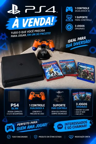 PS4 Slim Completo + 3 Jogos + Controle DualShock 4