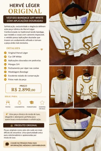 HERVÉ LÉGER ORIGINAL !Vestido Bandage Off White com Aplicações Douradas