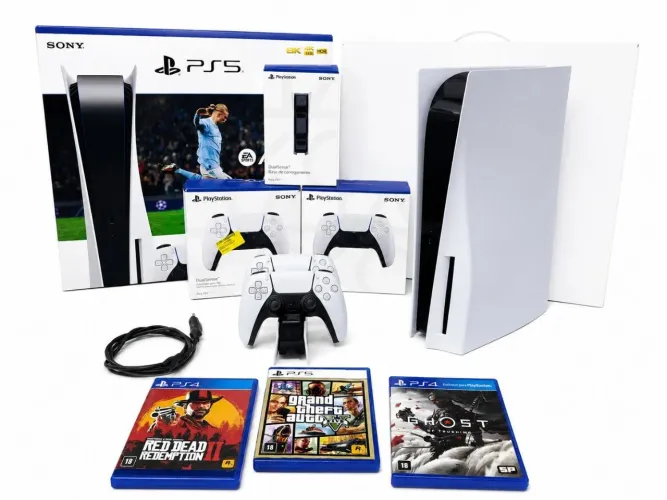  PLAYSTATION 5 C/LEITOR + 2 CONTROLES + 30 JOGOS  + TODOS OS CABOS NA CAIXA IMPECÁVEL 