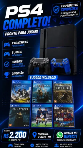 PlayStation 4 Completo com 2 Controles + 6 Jogos ? Pronto Para Jogar! ?