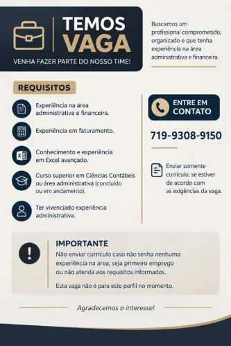 Vaga Assistente administrativo e Faturamento