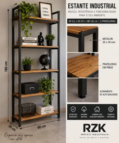 ESTANTE INDUSTRIAL 60x30x180cm | 5 PRATELEIRAS | METALON 20x30 + PINUS