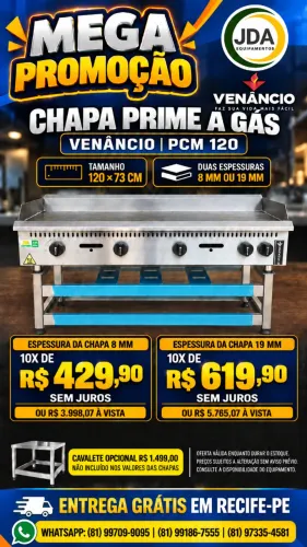 Chapa a Gás Venâncio Prime PCM 120 - 8 mm ou 19 mm - Humbúrguer
