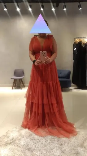 vestido de festa longo terracota.