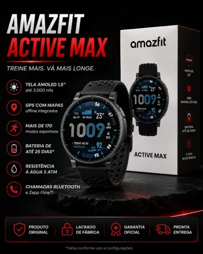 Smartwatch Amazfit Active Max Com Tela AMOLED 3000 Nits