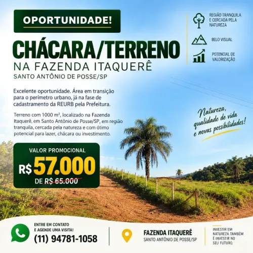 Terreno 1.000 m² - Fazenda Itaquerê - Santo Antônio de Posse/SP