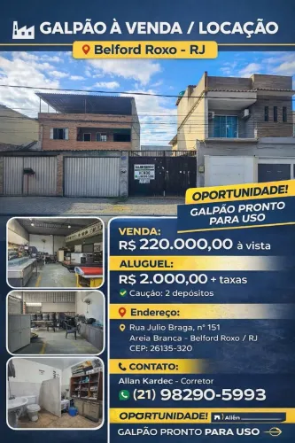Vendo galpão 142m², com escritório. Bairro: Areia Branca, Belford Roxo/RJ.