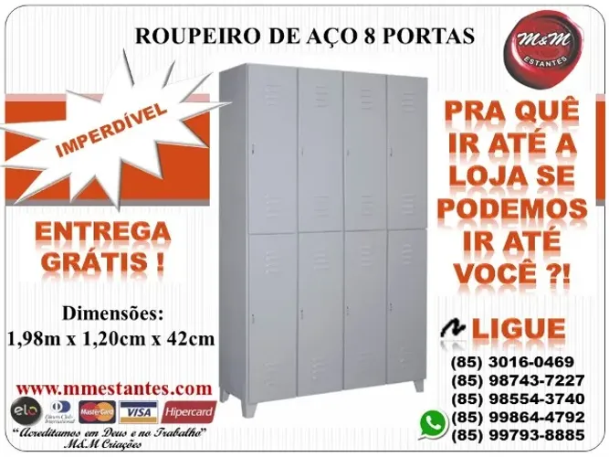 Entrega Grátis - Roupeiro de Aço 8 Portas Longo Cabe Capacete