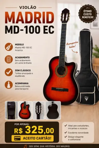 Violão Madrid MD-100 EC Acústico + Bolsa | Aceito Cartão | R$ 325,00 ?