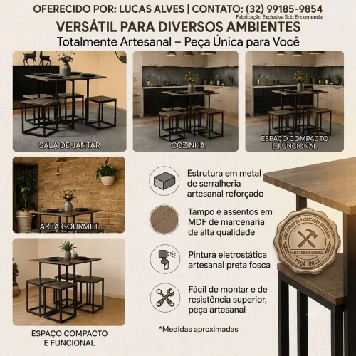 Conjunto Mesa + 4 Bancos Estilo Industrial Premium | Estrutura Reforçada & MDF 15mm