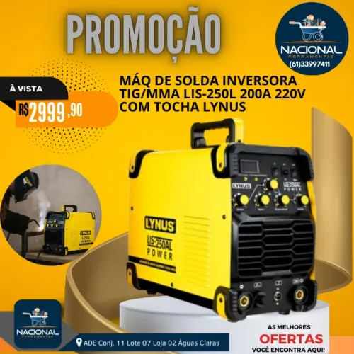 Máquina de Solda Inversora TIG/MMA 200A 220V Lynus LIS-250L com Tocha Nova