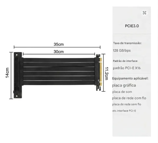 Cabo Adaptador Riser Extensor Flexível PCI-E 3.0 X16 35cm Blindagem EMI
