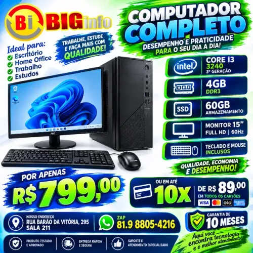 Computador Completo Intel Core i3 4GB SSD 60GB WiFi Monitor 15 HDMI  - Em ate 10x Fixas
