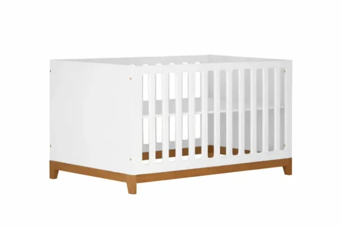 Berço Madeira Maciça de Tauari Branco/Mel que Vira Cama + Colchão Incluso