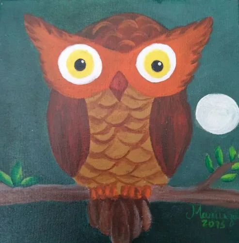 Pintura quadro original tema de coruja 20x20 cm