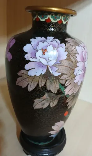 Vaso Cloisonné Chinês Vintage Anos 80 - Peônia 22cm + Base de Madeira