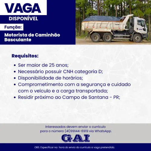 Vaga: Motorista de Caminhão Basculante 